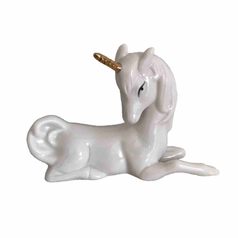 1980’s Vintage ENESCO White Ceramic Unicorn Figurine, Laying Down, Gold Horn
